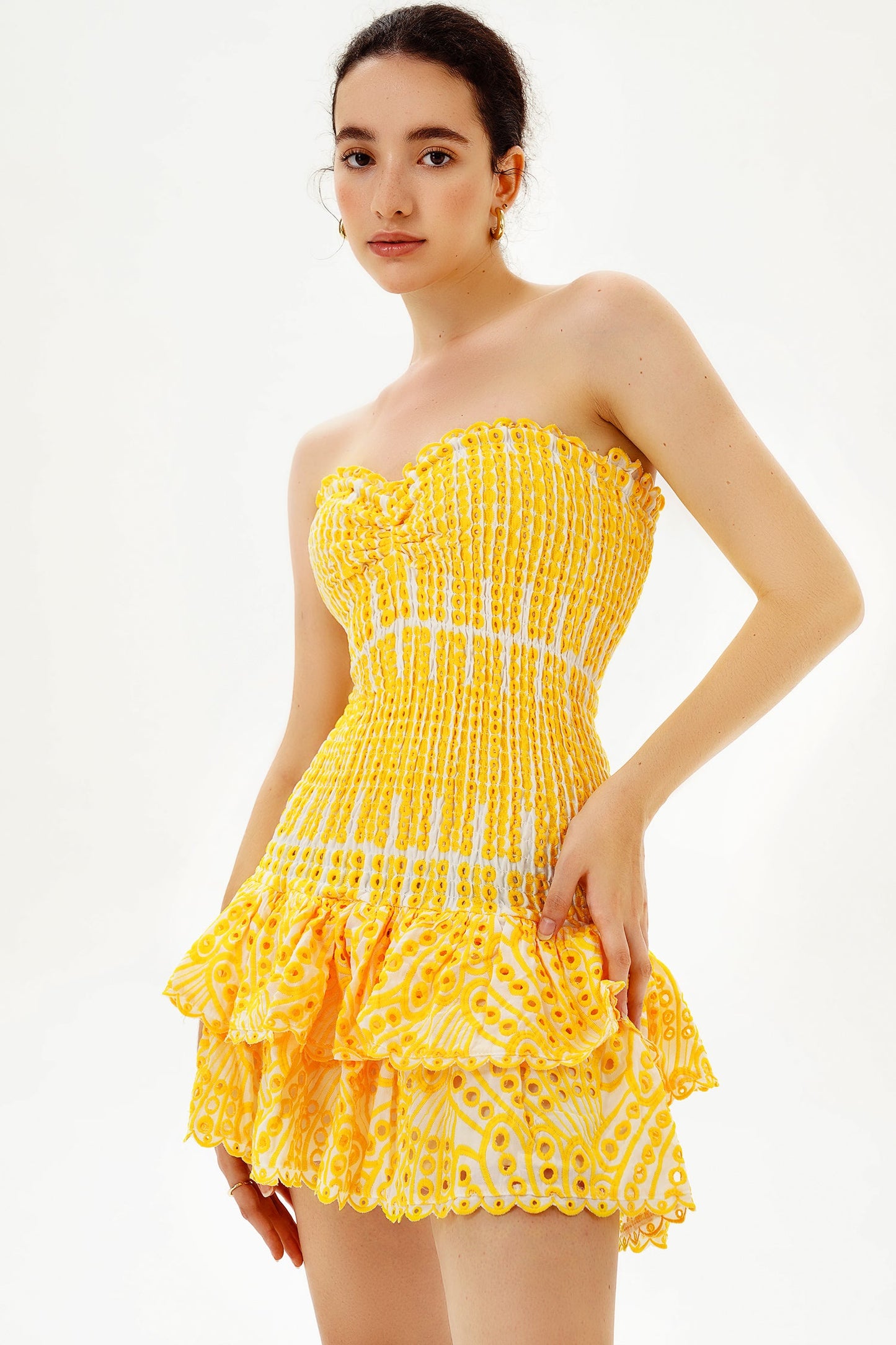 Lace Smocked Elastic Tube Top Peplum Hem Mini Dress
