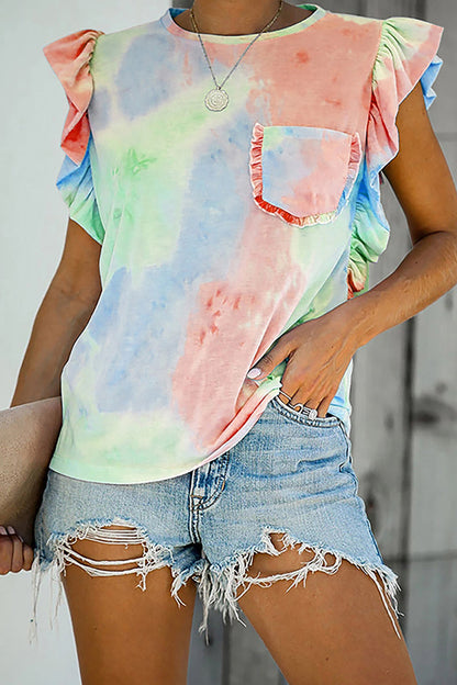 Print Flounce O Neck T-shirts(7 Colors)