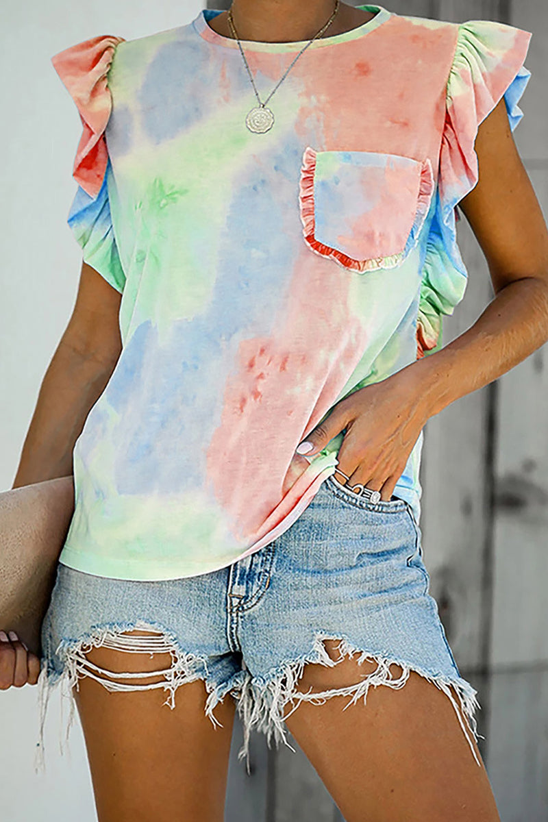 Print Flounce O Neck T-shirts(7 Colors)