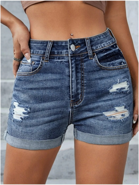 High Waist Ripped Pocket Design Skinny Stretchy Denim Shorts Cuffed Hem Hot Jean Pants