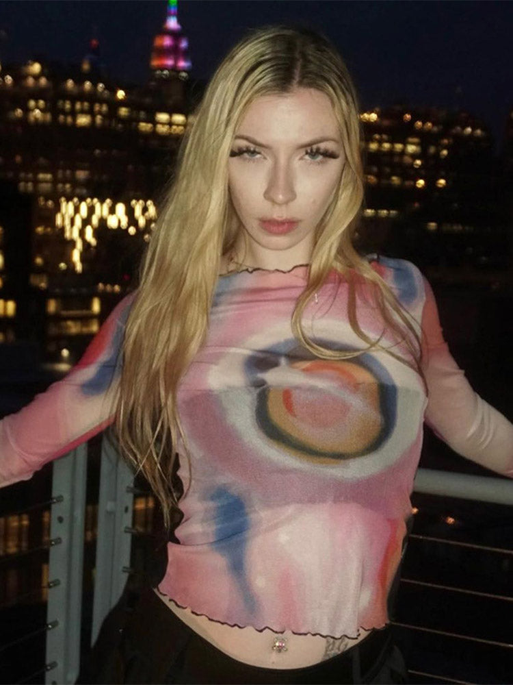 Y2k Long Sleeve Crop Top Grunge Fairycore Tie Dye Print Long Sleeve T Shirts 2000s Clothes Mesh Tee