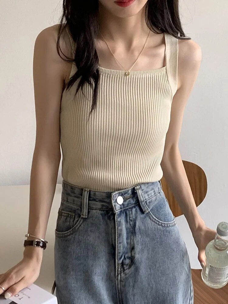 Spring Crop Tops Strapy Camis Sleeveless Tank Tops Tops Plain Camis Square Tops for Korean
