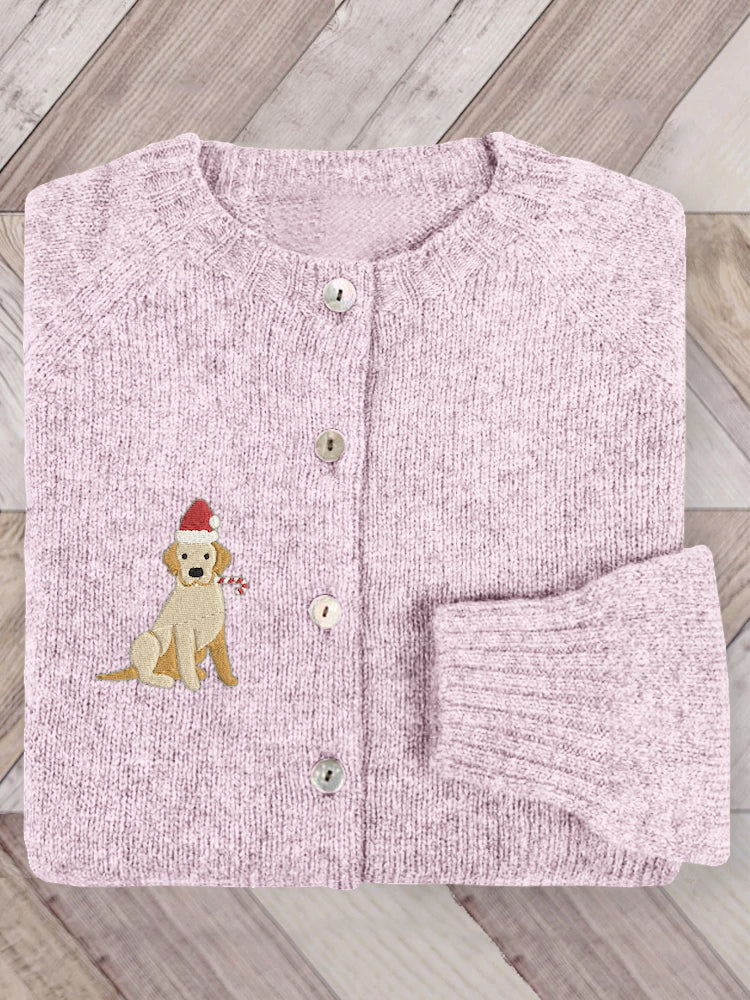 Comstylish Cute Christmas Dog Embroidered Cozy Knit Cardigan