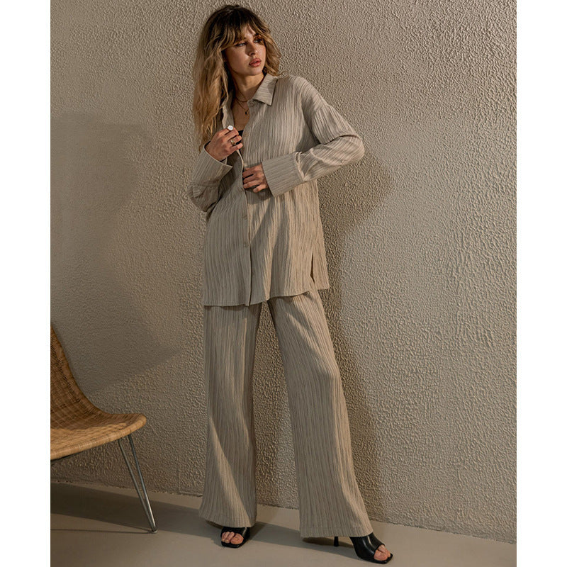 Autumn Winter Popular Pleated Shirt-style Wide-leg Pants Suit
