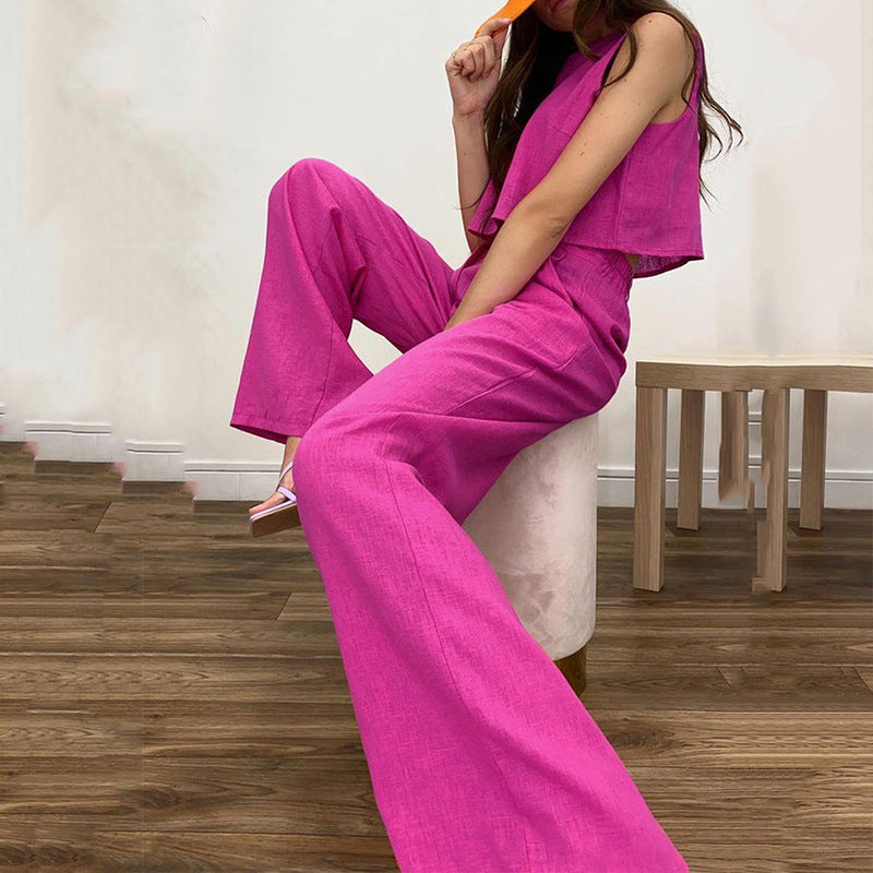 Summer New Color Round Neck Vest Top Bell-bottom Pants Wear Two-piece Set Cotton Linen Suit