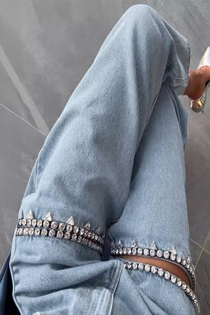 Street Color Rhinestone Decor High Waist Denim Jeans