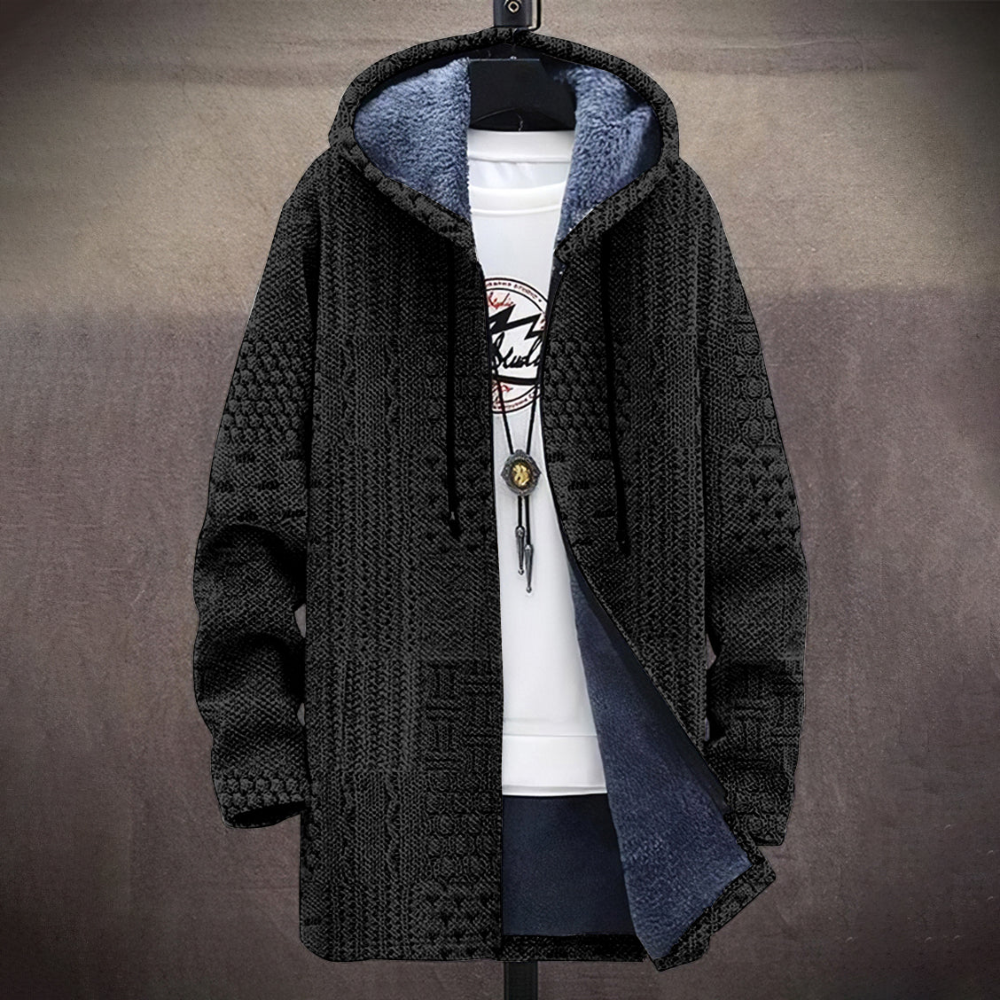 Men's Vintage Crochet Knitted Graphic Comfort Plush Hooded Coat elevenforest
