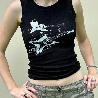 2000s E-girl Print Sleeveless Tank Top Summer Y2k Ribbed Grunge Crop Top Harajuku Vest Tee Street Black Top