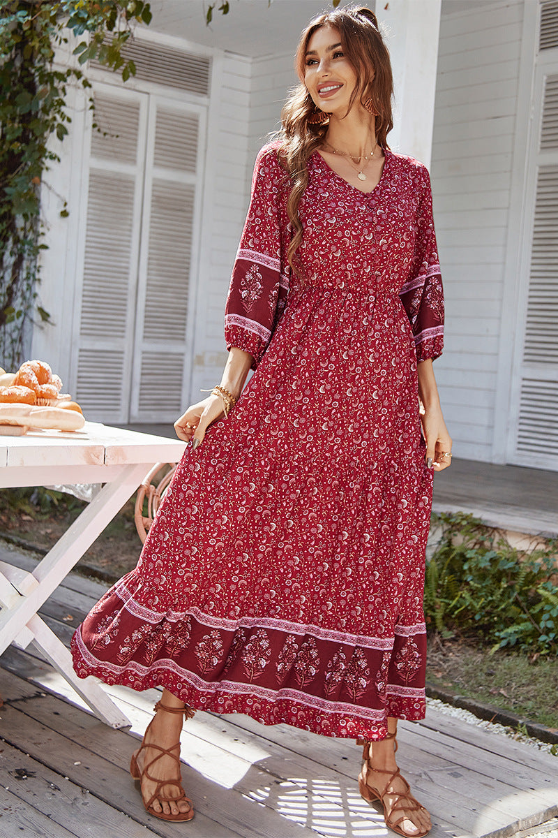 Print Puff Sleeve Loose Maxi Dress