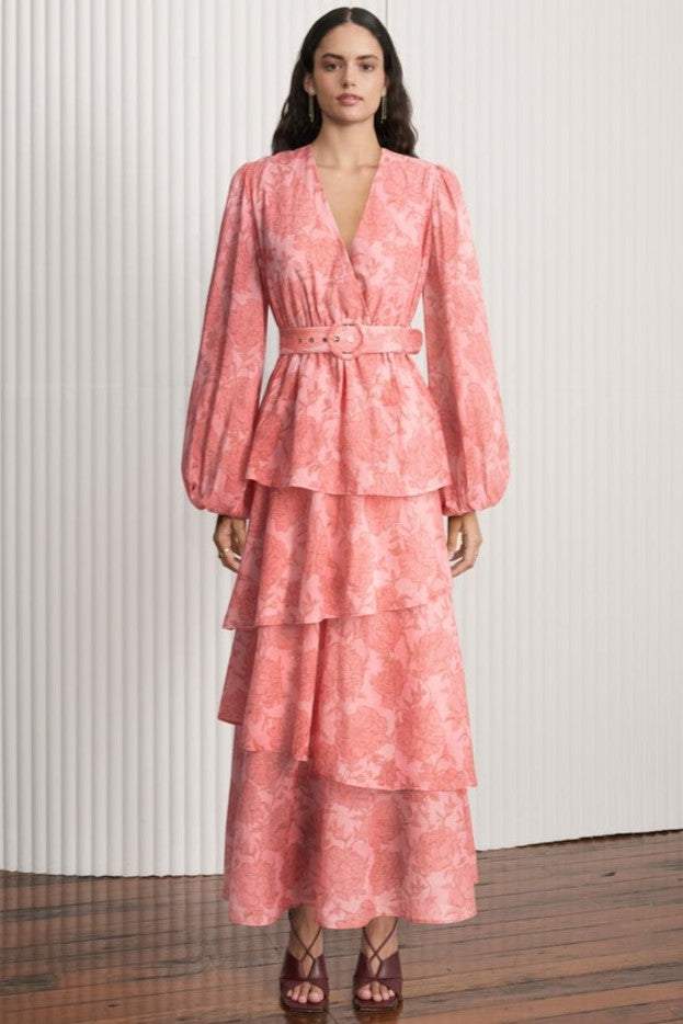 V-neck Lantern Sleeve Midi Dress With Belt