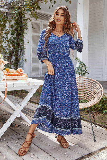 Print Puff Sleeve Loose Maxi Dress Blue