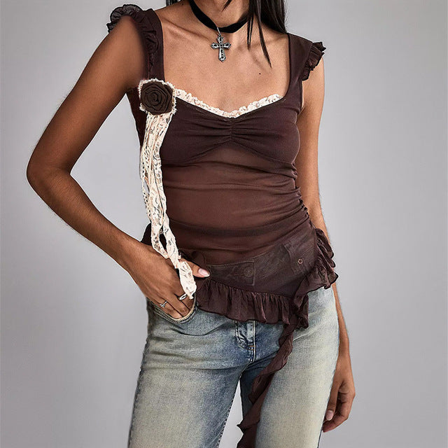Trauxy Fungus Side Mesh Tank Top ’s 3d Flower See Through Patchwork Slim Sleveeless Female Club Party Vestido