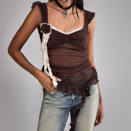 Trauxy Fungus Side Mesh Tank Top ’s 3d Flower See Through Patchwork Slim Sleveeless Female Club Party Vestido