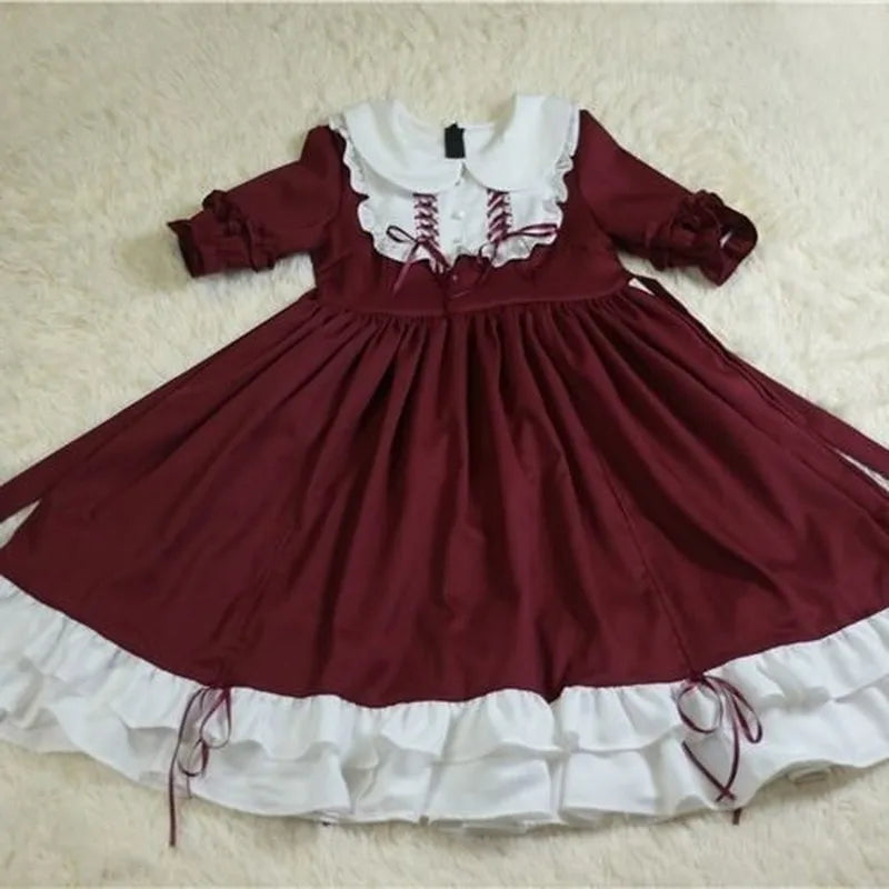 Japanese Kawaii Peter Pan Collar Lolita Dresses Patchwork Bowknot Ruffles Sweet Vestido Princess Party Femme Robe