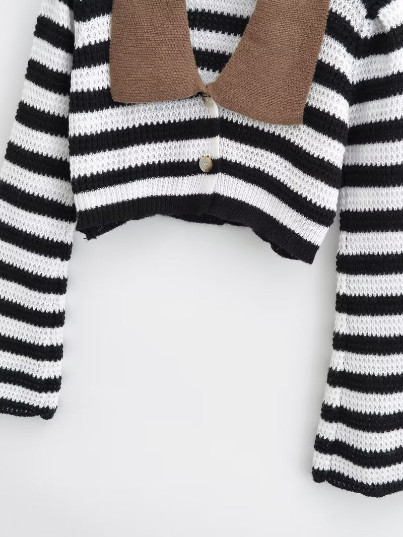 Stripe Contrast Color Lapels Knitted Cardigan – ’s Loose Short Top