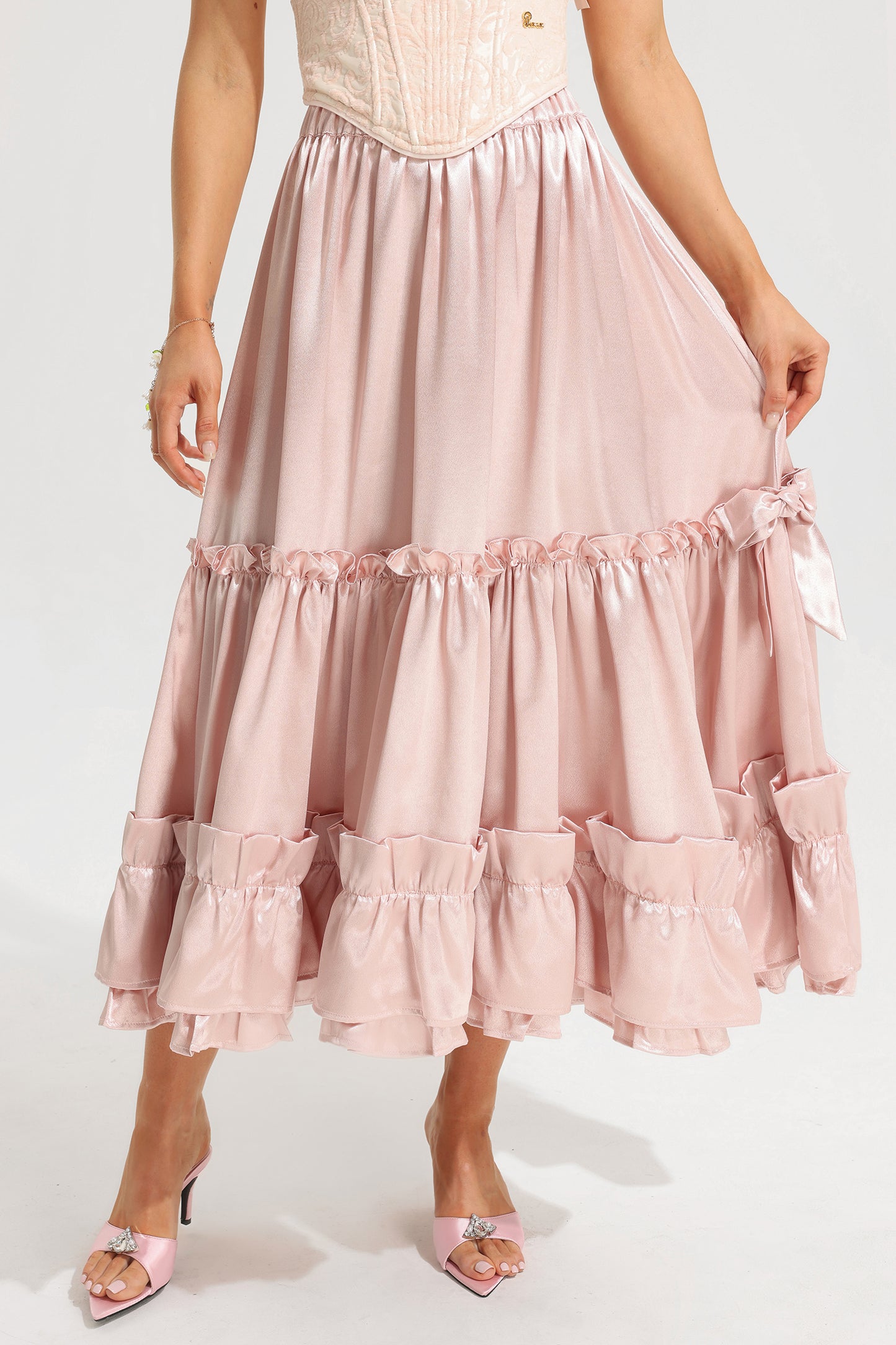 Mid Waist Ruffle Midi Skirt