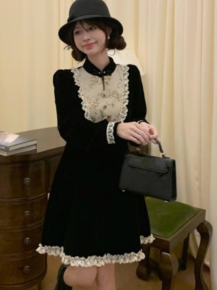 Y2k Patchwork Velvet Mini Dress Long Sleeve Princess Party Dress A-line Autumn Spring French Prom Vestidos New