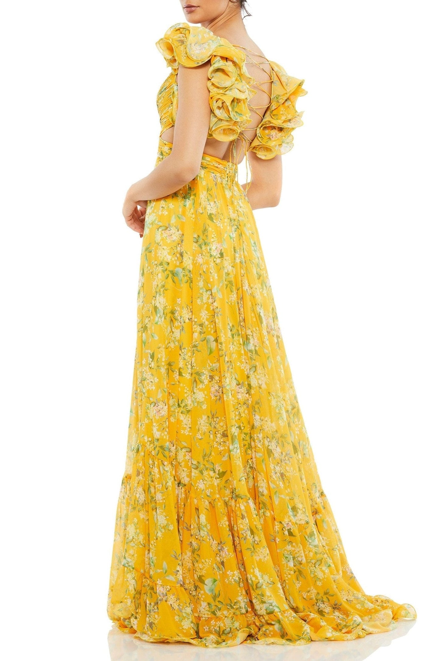 V-neck Cut-out Backless Ruffle Hem Maxi Dress Yellow