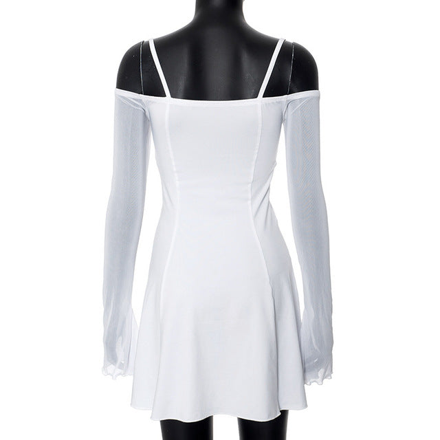 Trauxy Mesh Ruffles Splicing Suspender Mini Dress for Off Shoulder Long Sleeve See Through Bodycon Dress Hot Summer