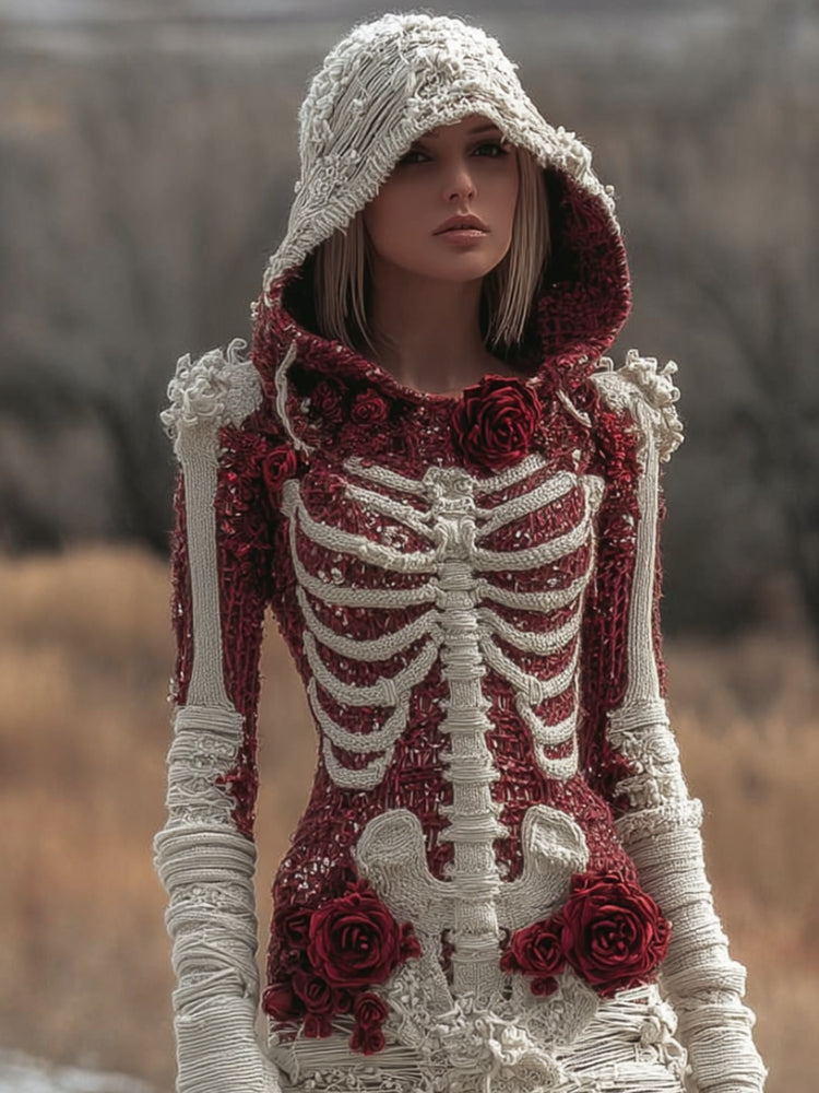 Women Halloween Skeleton Skeleton With Red Rose Bandage Hoodie Dress artswardrobe