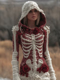 Comstylish Women Halloween Skeleton Skeleton With Red Rose Bandage Hoodie Dress