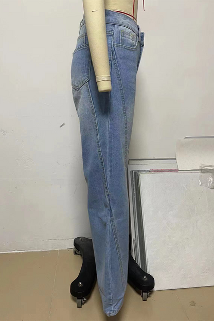 Street Buttons Patchwork Mid Waist Loose Denim Jeans