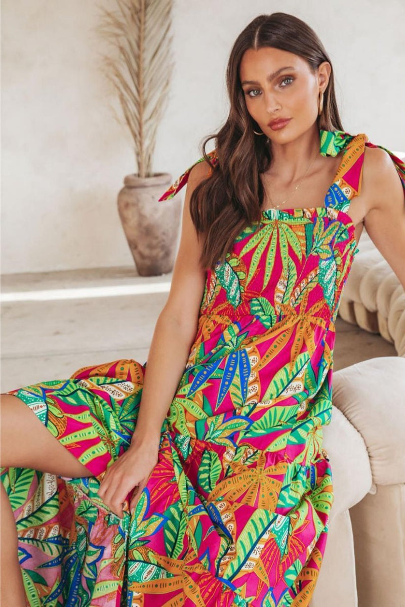Thirza Printed Bow-tie Shirred Maxi Dress
