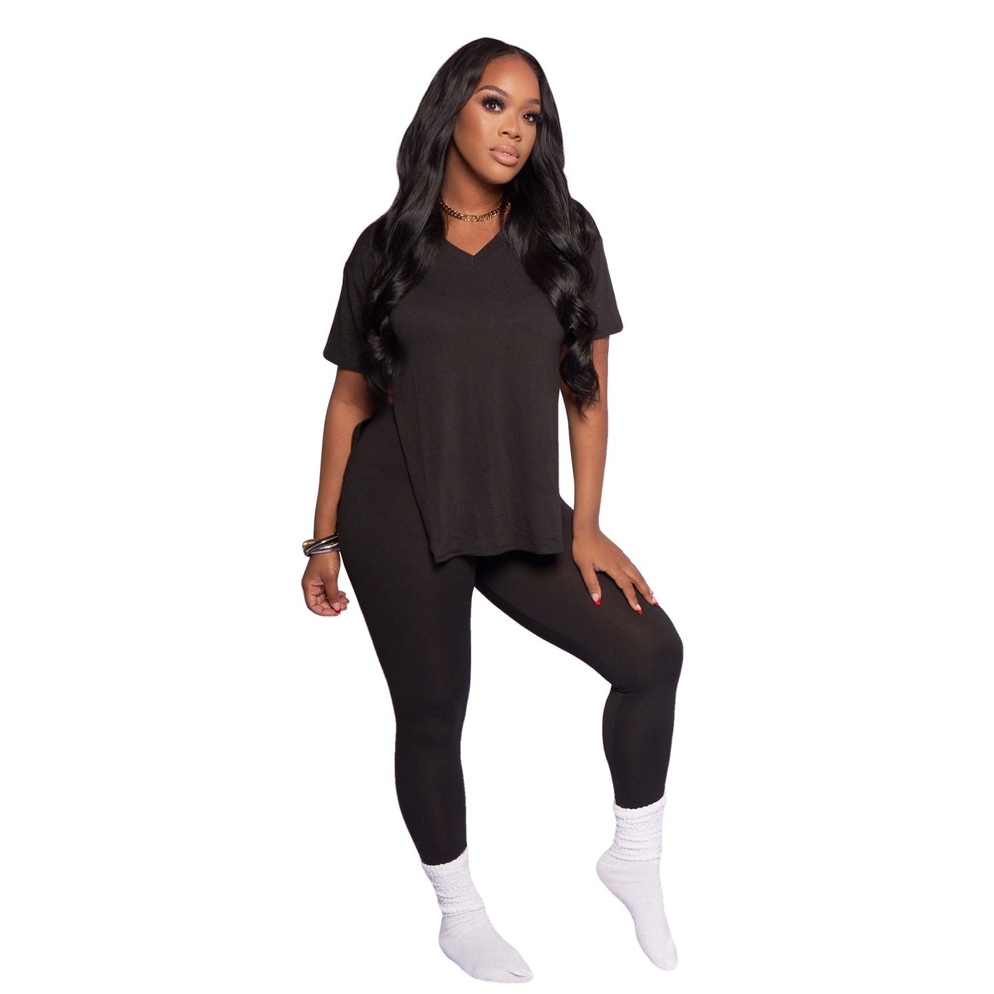 Clothing Short Sleeve Suit Split T-shirt Summer Two-piece Color Pencil Pants