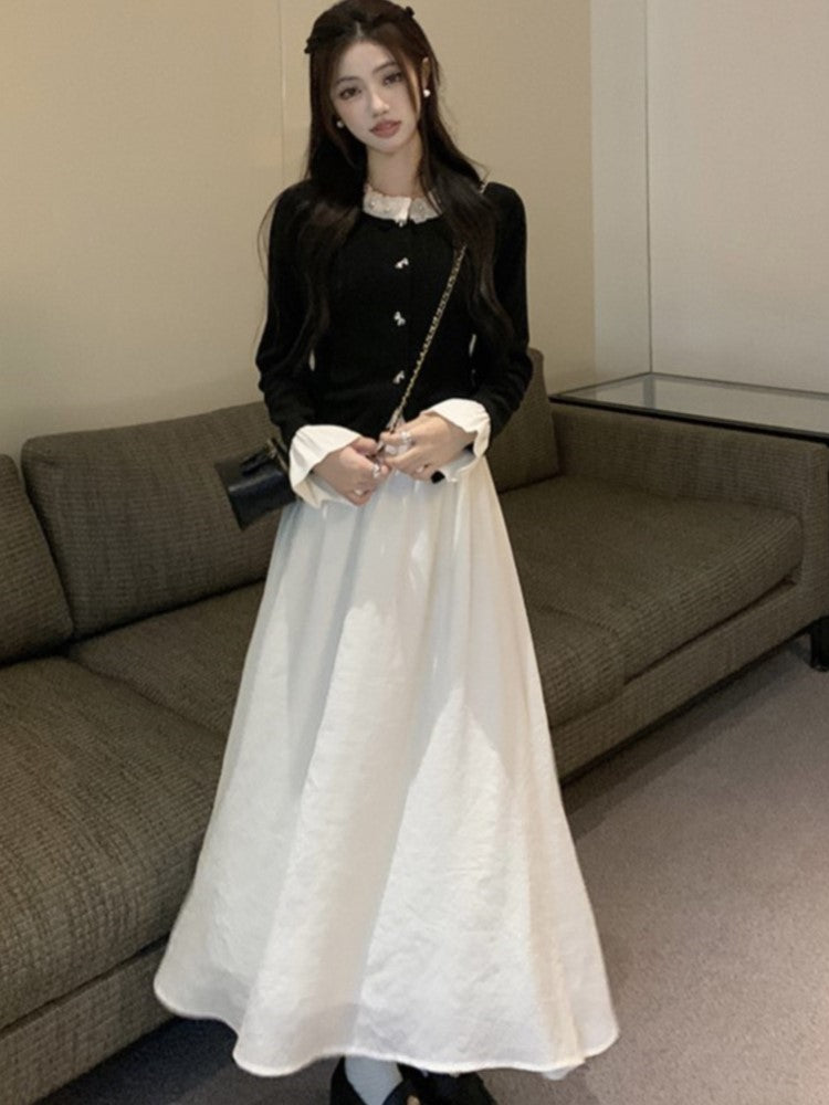 Patchwork Midi Dress O-neck Long Sleeve A-line Autumn Spring Evening Party Prom Robe Princess Vestidos New