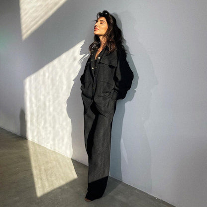 Coat High Waist Trousers Two Piece Pant Sets Autumn Winter Wear Match
