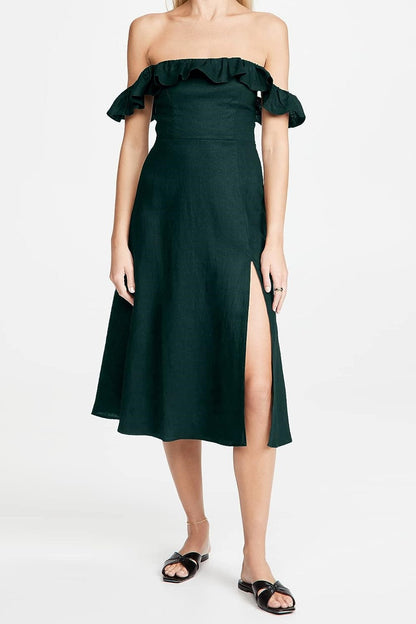 Ruffle Hem Square Collar Slit Midi Dress Green
