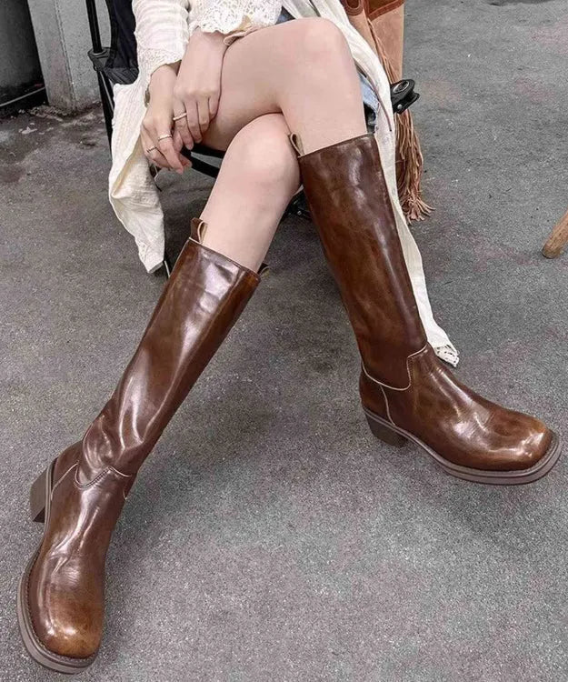 Brown High Boots Chunky Heel Faux Leather Splicing