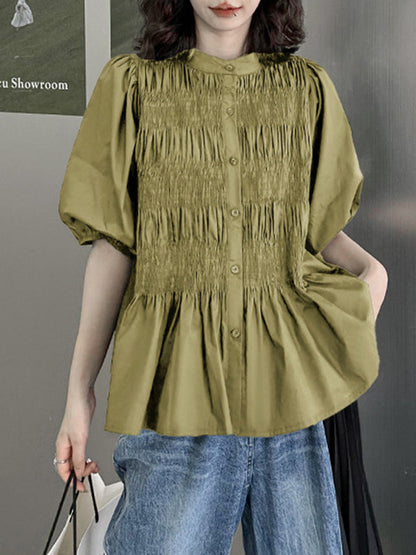 Loose Puff Sleeves Pleated Color Round-neck Blouses&shirts Tops