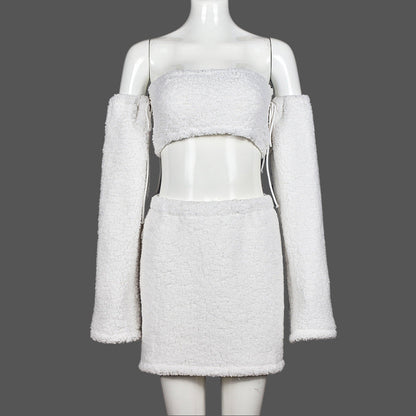 Autumn Winter Double Sided Plush Tank Top Hollow Out Cutout Cropped Skirt Set