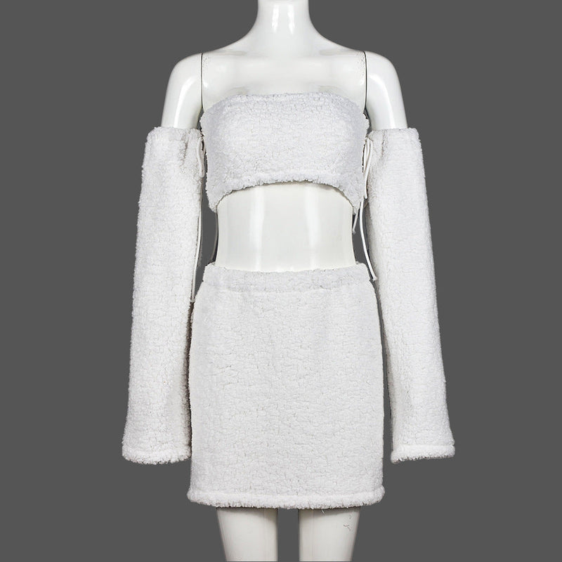 Autumn Winter Double Sided Plush Tank Top Hollow Out Cutout Cropped Skirt Set