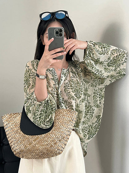 Loose Printed Sun Protection Balloon Sleeves V-neck Blouses