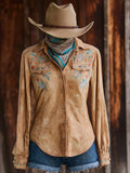 Women's Vintage Western Horse Design Cotton And Linen Blend Shirt artswardrobe