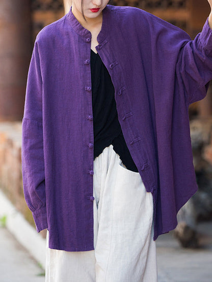 Batwing Sleeves Loose Chinese Frog Buttons Pleated Color Split-joint Stand Collar Blouses