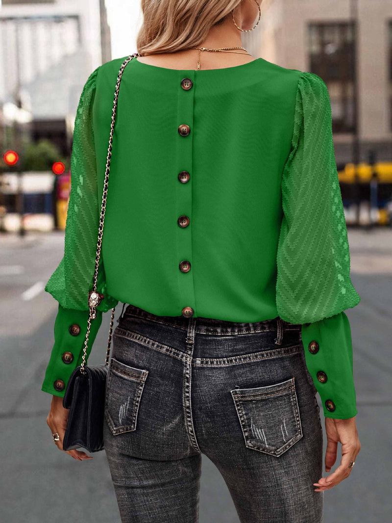 Fall Winter Color Round Neck Button Long Sleeve Blouse Top