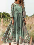 Women's Retro Ethnic Flowers Art Print Flowy Cotton Crew Neck Dress