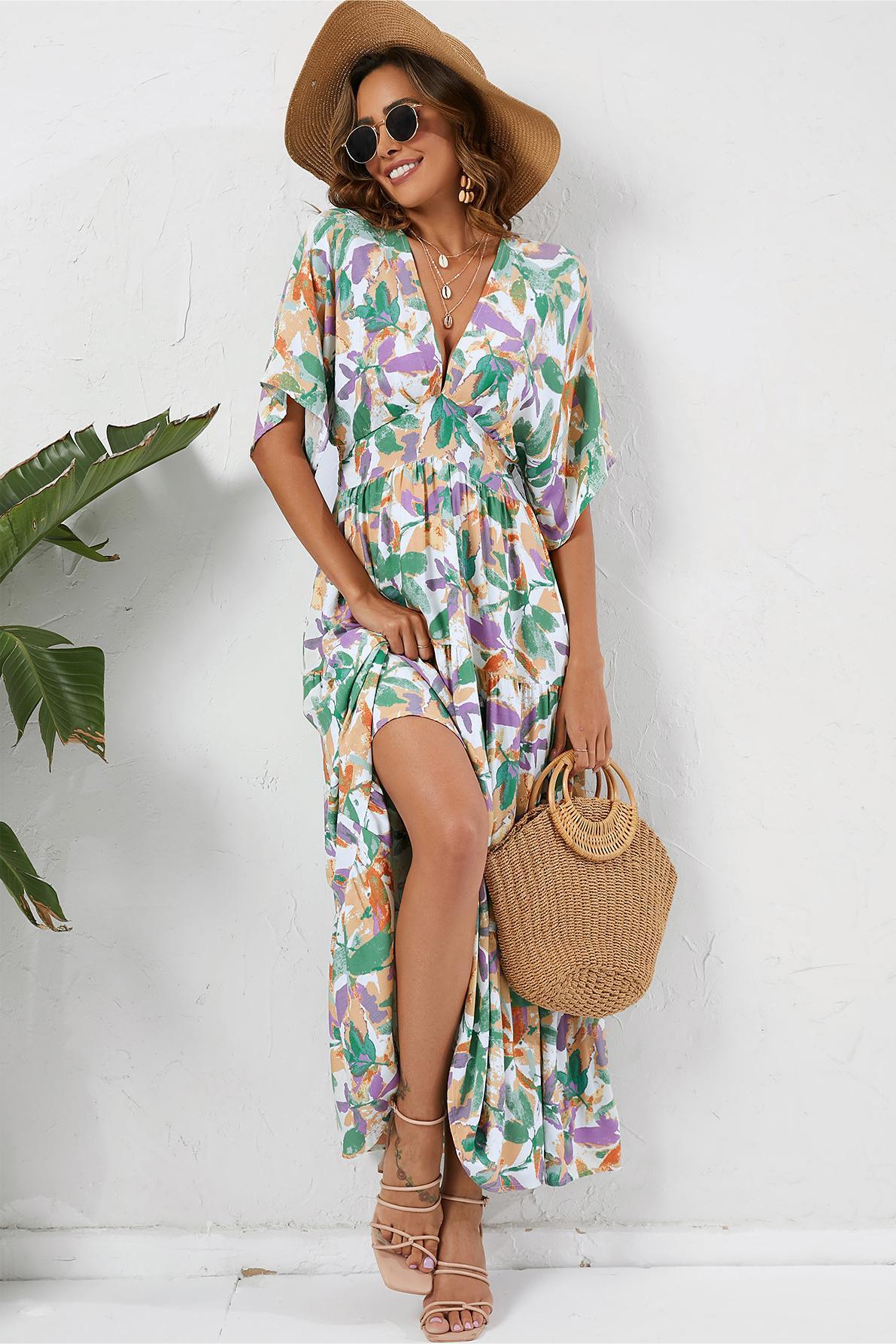 V-neck Short Sleeve Maxi Dress