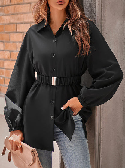 Loose Belted Color Lapel Blouses&shirts Tops Shirts Tops