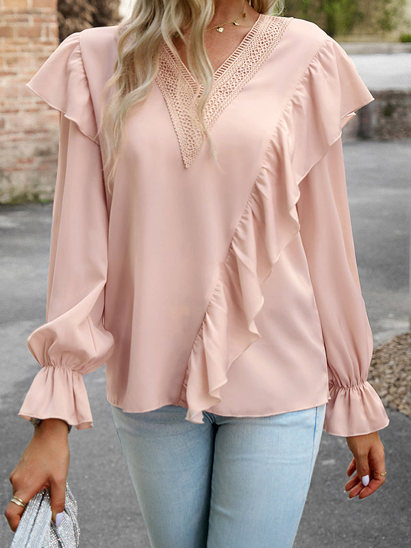 Long Sleeves Loose Asymmetric Hollow V-neck Blouses&shirts Tops