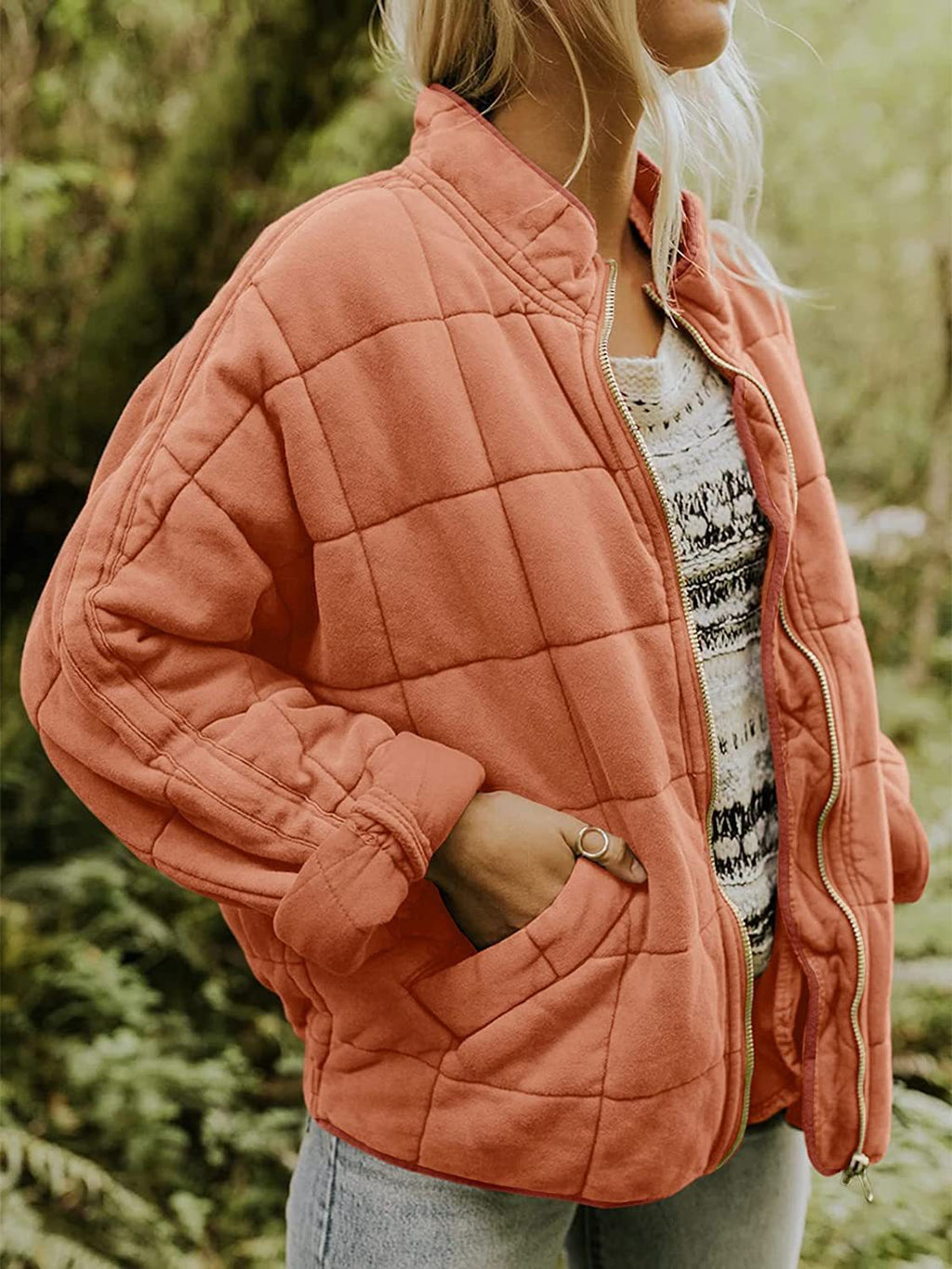 Stand collar padded loose pocket jacket