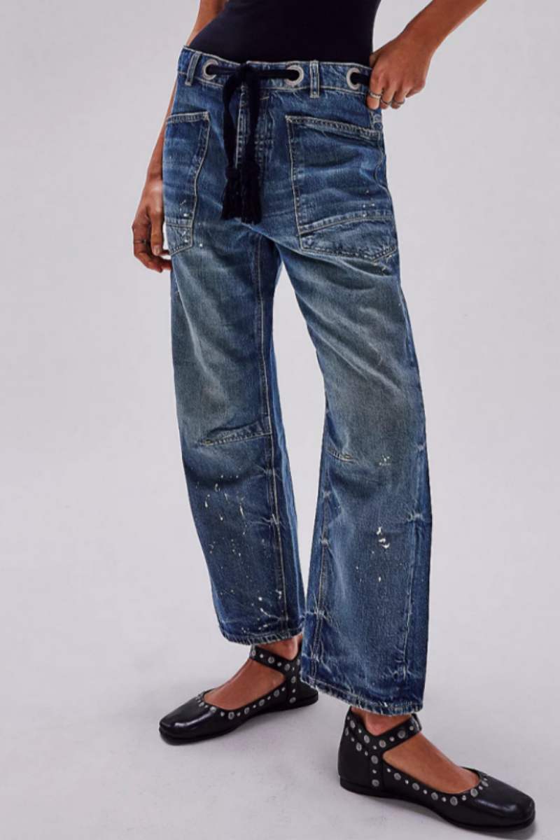Patchwork Pocket Mid Waist Straight Denim Jeans