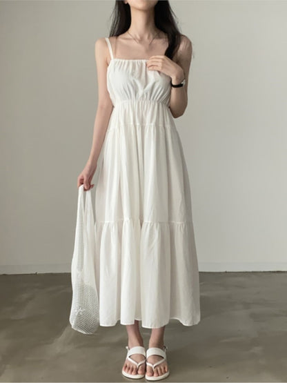 Simple Midi Dress Summer New Chiffon Spaghetti Strap Holiday Beach Style Loose Korean Female Vestidos