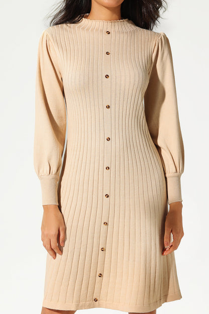 Knit Long Sleeve Pleated Buckle Slim Midi Dress