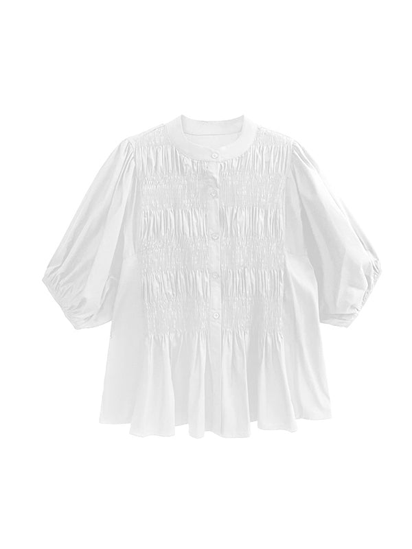 Loose Puff Sleeves Pleated Color Round-neck Blouses&shirts Tops