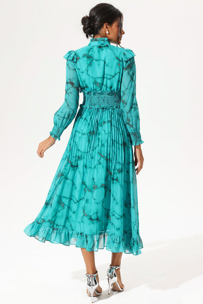Lantern Sleeve Stand Collar Smocked Elastic Buckle Maxi Dress