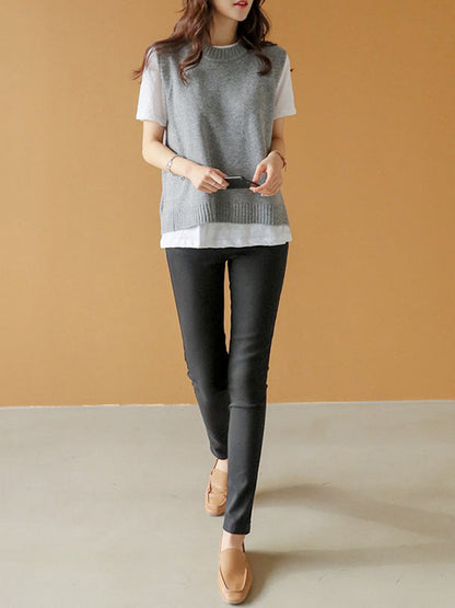 Simple Sleeveless Loose Buttoned Color Round-neck Sweater Vest Outerwear